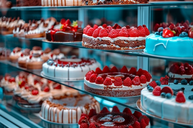 Foto verschiedene arten von kuchen und süßigkeiten im glasdisplay der konditorei