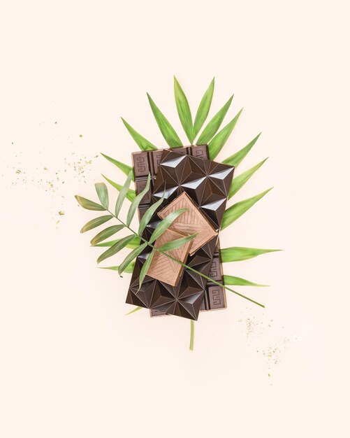 Verschiedene Arten von natürlichen Schokoladenriegeln mit Palmblättern auf hellem, neutralem Hintergrund