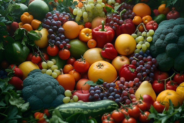 Verschiedene Arten von Obst und Gemüse Frisch und farbenfroh Verbreitet über das gesamte Bild enthält