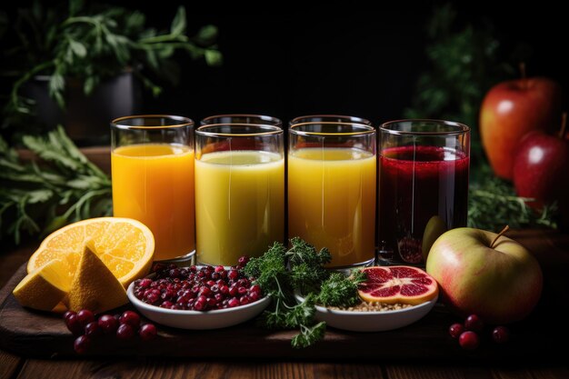 Foto verschiedene arten von säften, bereit für professionelle werbe-food-fotografie