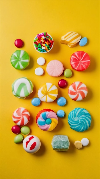 Verschiedene Arten von Süßigkeiten auf gelber Oberfläche