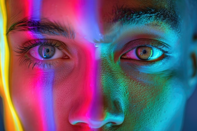 Verschiedene Augen auf Neon-Hintergrund symbolisieren die Einheit unter allen