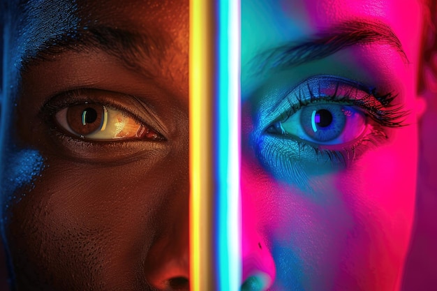 Verschiedene Augen auf Neon-Hintergrund symbolisieren die Einheit unter allen