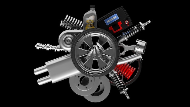Verschiedene Autoteile und Zubehör auf schwarzem Hintergrund isoliert