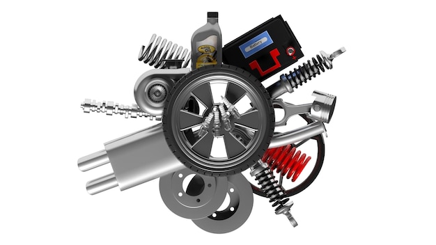 Verschiedene Autoteile und -zubehör lokalisiert auf weißem Hintergrund