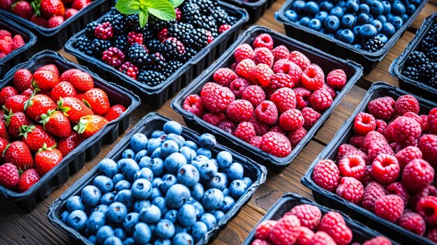 Verschiedene Beeren, die in Kisten ausgestellt sind, erfreuen den Bauernmarkt