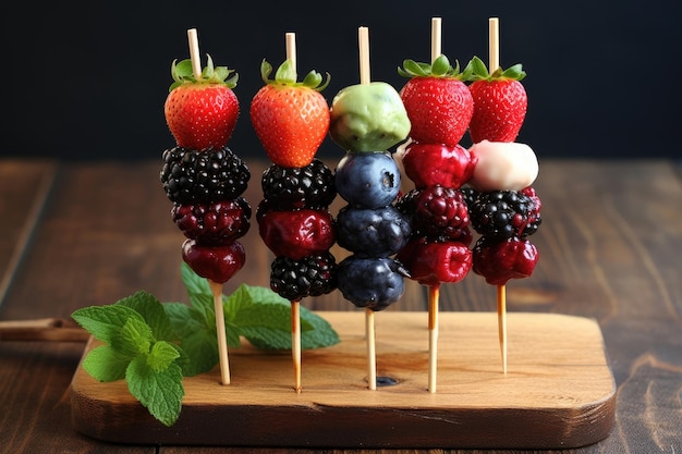 Foto verschiedene beeren in einem holzspieß aufgereiht