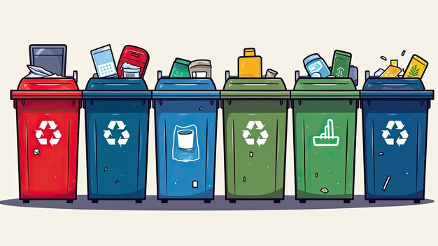 Verschiedene Behälter für die Sortierung von Müll zum Recycling und zur Wiederverwendung Abfallwirtschaft Generative KI