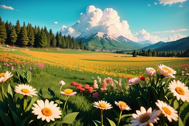 verschiedene Blumen auf dem grünen Gras und die Berge in der Ferne sind blauer Himmel weiße Wolken