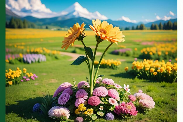 verschiedene Blumen auf dem grünen Gras und die Berge in der Ferne sind blauer Himmel weiße Wolken