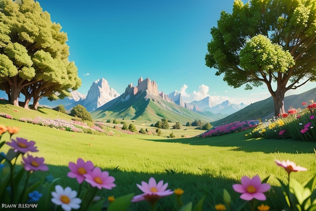 Verschiedene Blumen auf dem grünen Gras und die Berge in der Ferne sind weiße Wolken des blauen Himmels