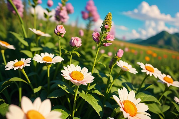 Verschiedene Blumen auf dem grünen Gras und die Berge in der Ferne sind weiße Wolken des blauen Himmels