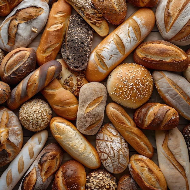 Verschiedene Brotsorten auf einem Holztisch mit Kaffee aus einem einzigen Ursprung