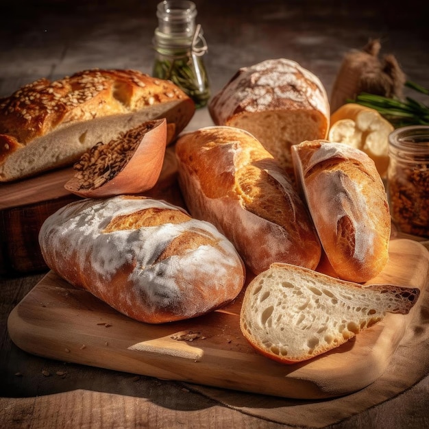 Verschiedene Brotsorten auf einem Holztisch, selektiver Fokus