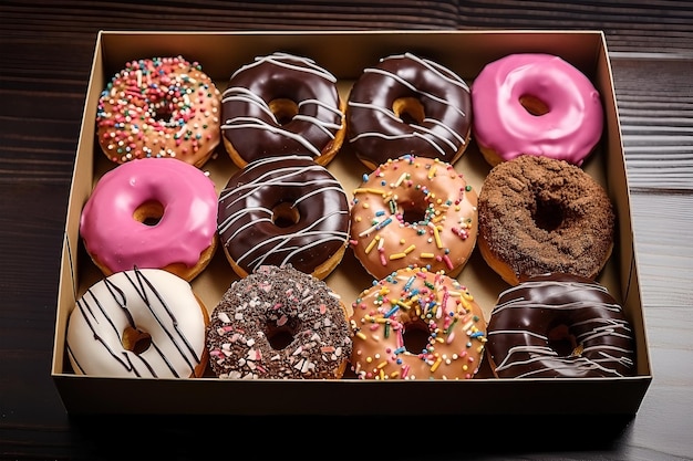 Verschiedene bunte Donuts in einer Box-Draufsicht