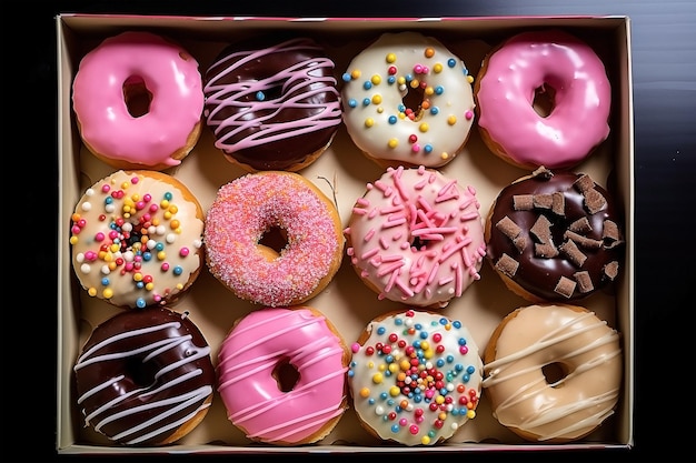 Verschiedene bunte Donuts in einer Schachtel