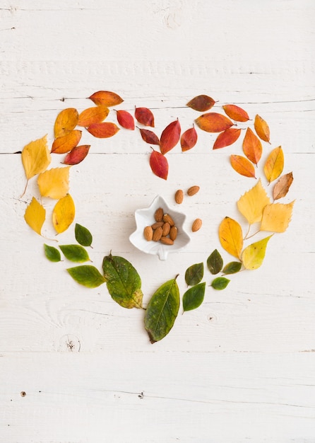 Foto verschiedene bunte herbstblätter in herzform und schüssel mit mandelnüssen auf weißem holzhintergrund