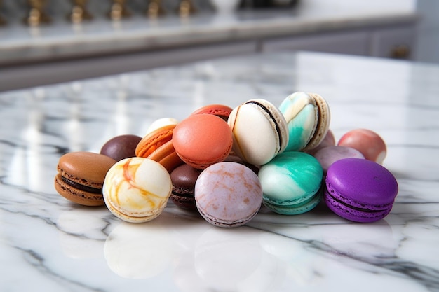 Verschiedene bunte Macarons auf einer Marmorarbeitsplatte, erstellt mit generativer KI