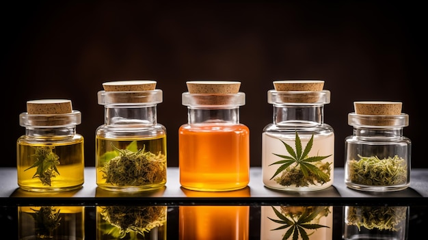 Verschiedene Cannabis-Infusionsextrakte in Glasbehältern