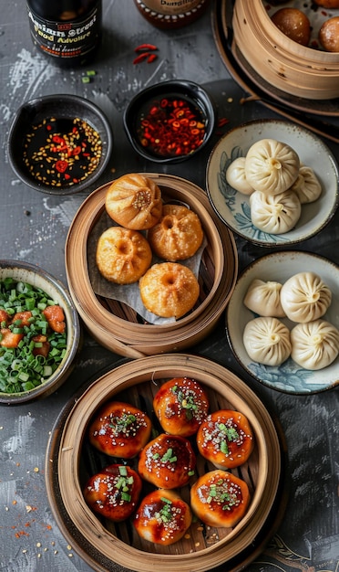 Verschiedene chinesische Knödel in Bambusdampfern