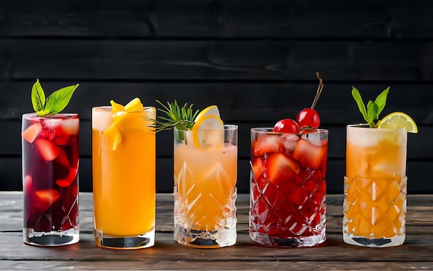 Verschiedene Cocktails oder Longdrinks, die mit Früchten garniert sind