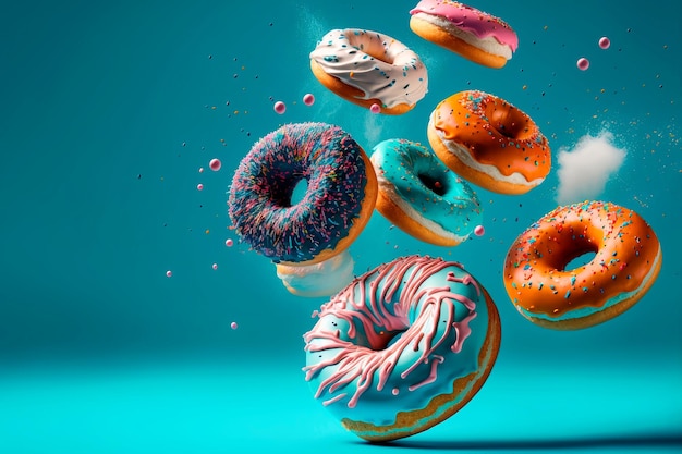 Verschiedene Donuts auf blauem Hintergrund isoliert Mix aus bunten süßen Donuts mit Sprenkel auf blauem Hintergrund