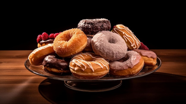 Verschiedene Donuts auf einer Glasplatte auf einem Holztisch mit schwarzem Hintergrund 3d