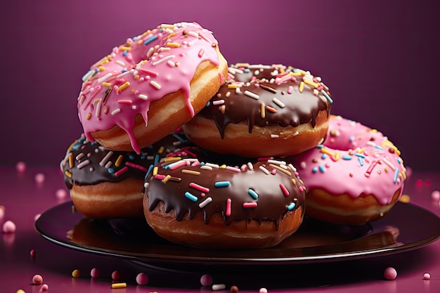 Verschiedene Donuts mit Schokoladenglasur, rosa glasiert und mit Streuseln bestreut