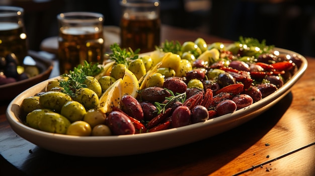 Verschiedene eingelegte Gemüsesorten mit Kräutern auf einem Holztisch, Lebensmittelkonzept, generative KI