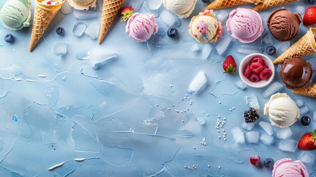 Foto verschiedene eiscreme-geschmacksrichtungen und beeren vor einem elektrisch blauen hintergrund