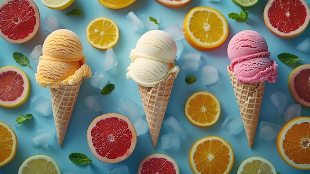 Verschiedene Eiscreme-Kegel mit frischen Beeren auf Blau