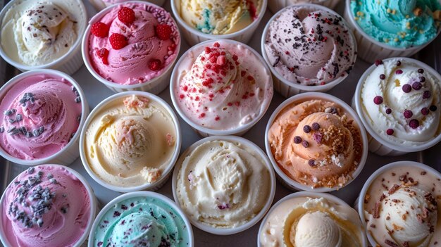 Foto verschiedene eisgeschmacksrichtungen in kegel, blaubeere, erdbeere, pistazien, mandeln, orangen und kirschen