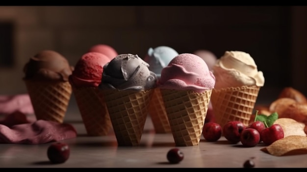 Verschiedene Eiskugeln in Waffeln mit Schokolade, Vanille und Erdbeere Generative AI