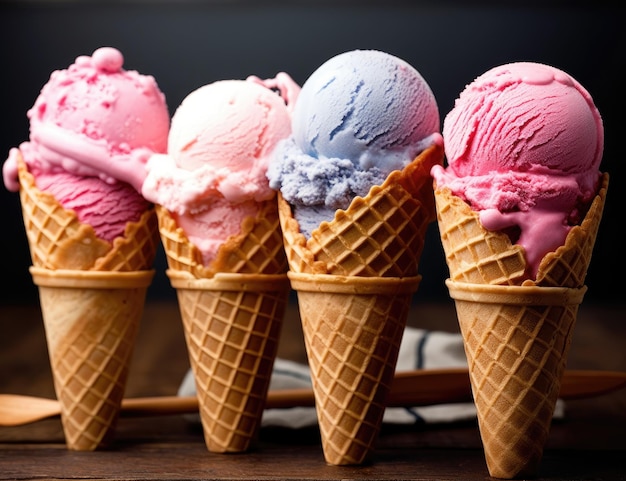 Verschiedene Eissorten in Zapfen, Blaubeeren, Erdbeeren, Pistazien, Mandeln, Orangen und Kirschen auf dunklem Hintergrund. Sommer- und Süßmenükonzept
