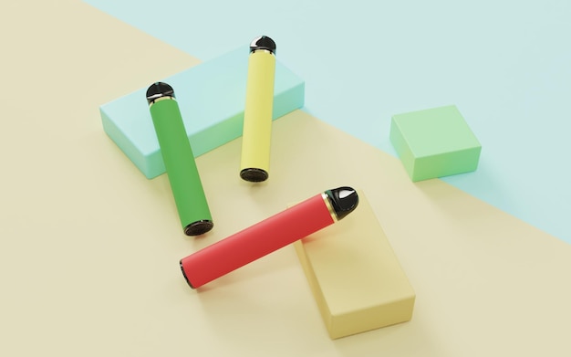Verschiedene Farben wegwerfbare elektronische Zigarette vape gelber hellgrüner Quader einfacher Hintergrund