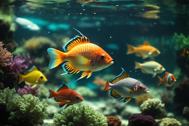 Foto verschiedene farbenfrohe fische im aquarium innendekoration und heimleben ar c