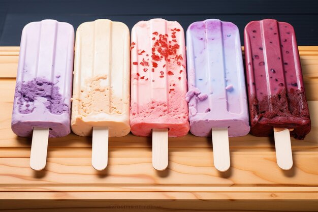 Verschiedene farbenfrohe köstliche Popsicles hölzerner Hintergrund Generative KI