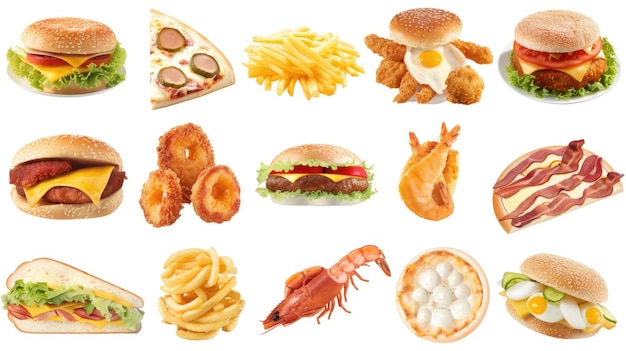 Verschiedene Fast-Food-Artikel, die auf Weiß isoliert sind