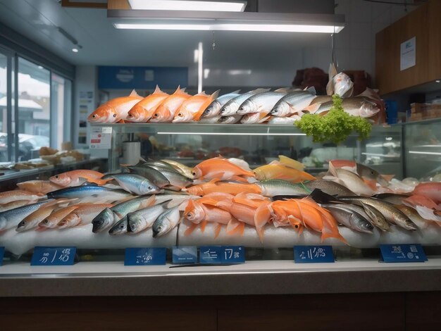 Verschiedene Fische auf der Theke des Fischgeschäfts