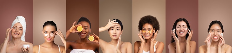 Foto verschiedene frauen verwenden hautpflegeprodukte und natürliche heilmittel