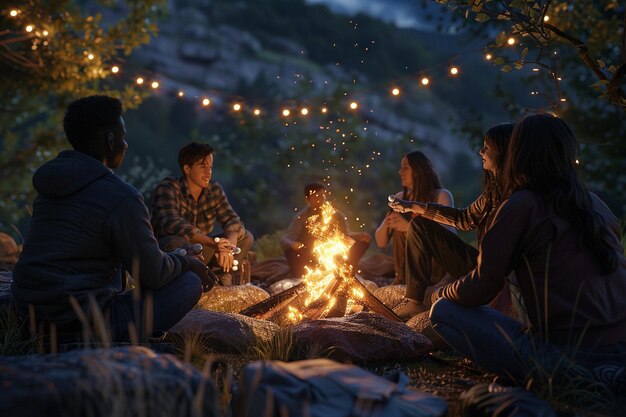 Verschiedene Freunde sitzen um ein Lagerfeuer herum