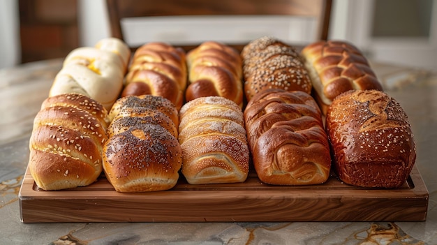 Verschiedene frisch gebackene Handwerksbrotbrötchen auf einem Holzschneidbrett in einer Bäckerei