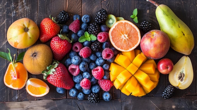 Verschiedene frische Früchte und Beeren auf einem hölzernen Hintergrund