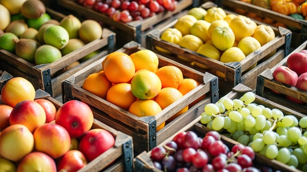 Verschiedene Früchte auf dem Markt in drei Holzkisten verpackt