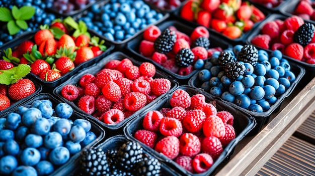 Verschiedene Früchte auf dem Tisch Eine farbenfrohe Ausstellung von Beeren auf einem Bauernmarkt