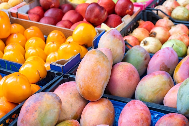 Verschiedene Früchte auf einem Obstmarkt. Gesundes Essen.