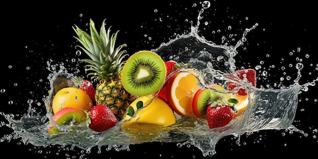 Verschiedene Früchte mit Wasserspritzer auf dunklem Hintergrund. Gesunde Früchte, reich an Vitaminen und generativer KI
