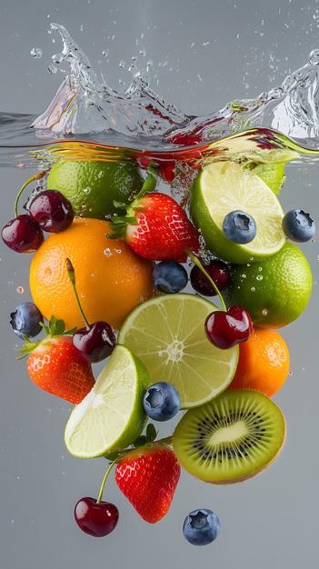 Verschiedene Früchte spritzen im Hintergrund