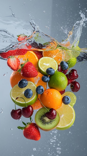 Verschiedene Früchte spritzen im Hintergrund