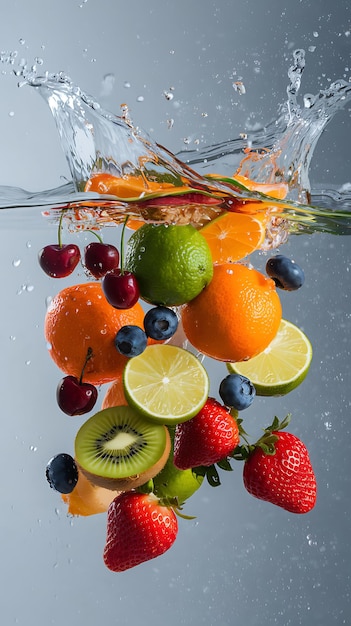 Verschiedene Früchte spritzen im Hintergrund